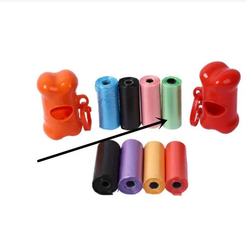 Pet waste bags in six colours showing black, blue, green, light blue, pink and red options