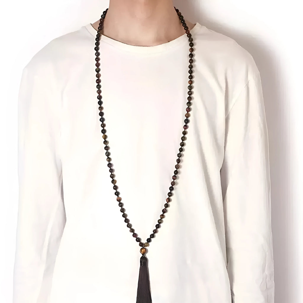 Long unisex agate and amethyst tassel necklace with blue grain stone and lapis lazuli on geometric pendant