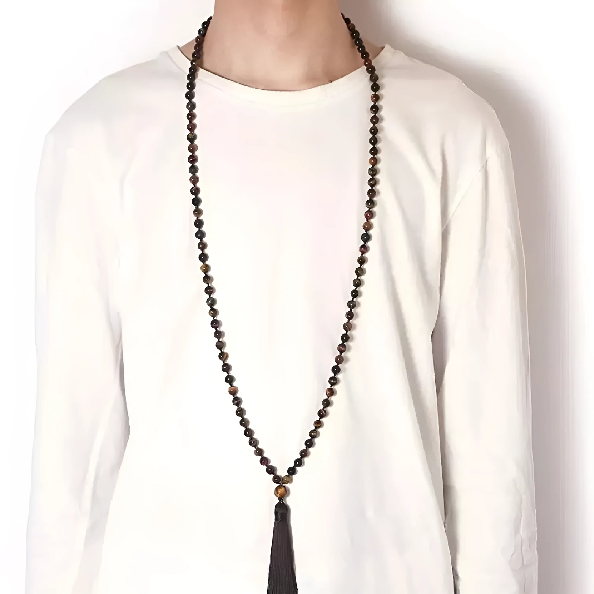 Long unisex agate and amethyst tassel necklace with blue grain stone and lapis lazuli on geometric pendant