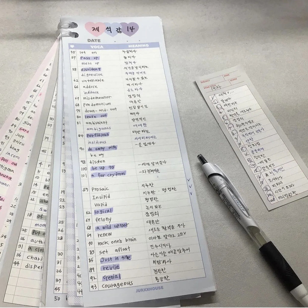 Half-B5 vertical notepad for English learning with pink, purple, or blue cover options