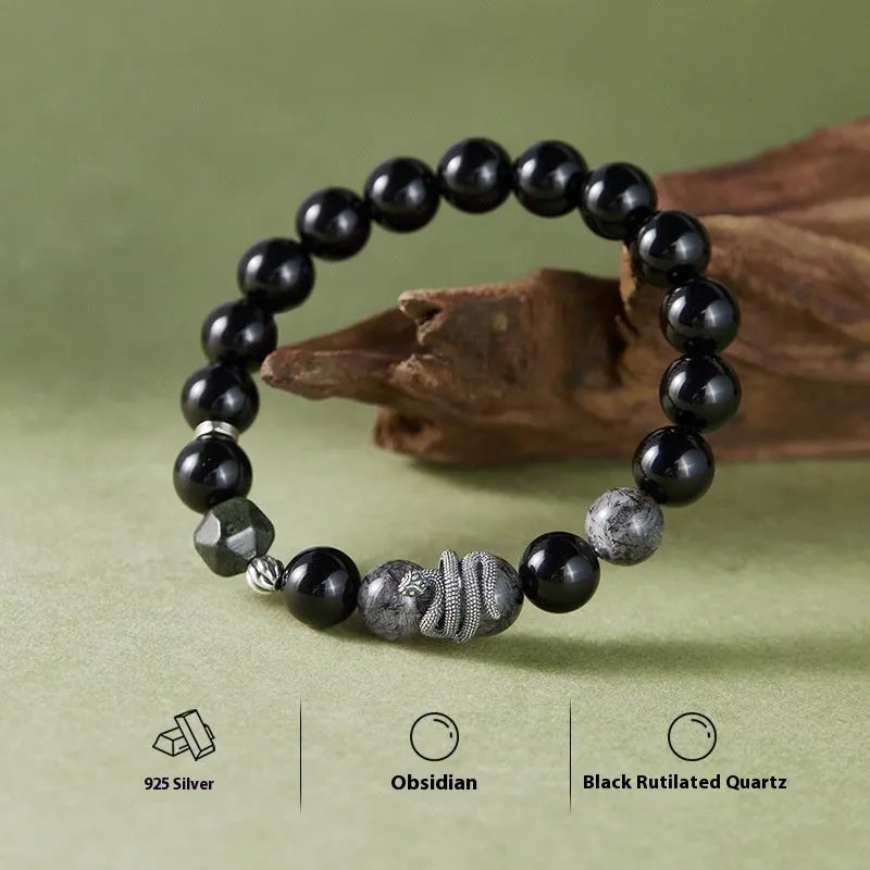 S925 sterling silver obsidian snake bracelet with 10mm retro zodiac design for men