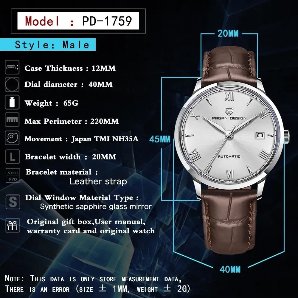 Men's automatic mechanical watch 12mm black dial with leather strap on wrist