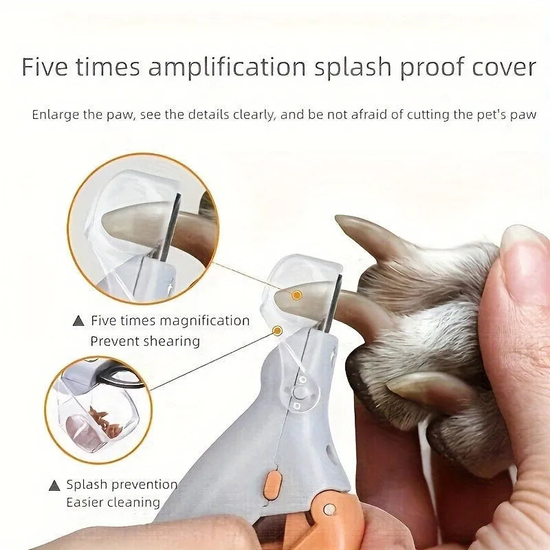 Yellow LED pet nail trimmer with magnifying glass and steel blades for cutting cat and dog nails
