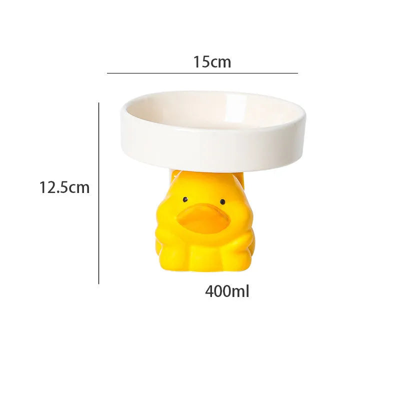 Ceramic raised pet bowl in animal design, showing wide 15cm opening and 4.92-inch elevation.