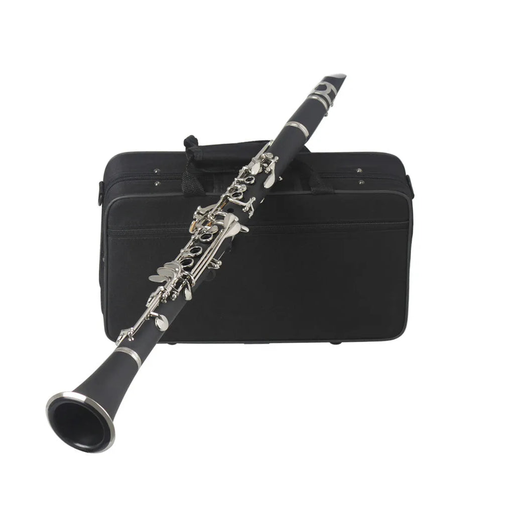 Black Bakelite clarinet with nickel-plated keys and hard protective case for beginner students