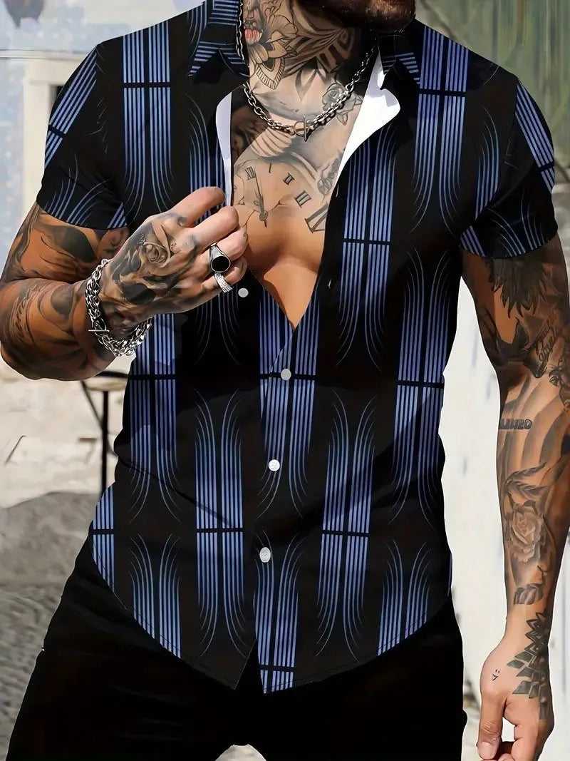 Men's slim fit geometric print lapel shirt in polyester fabric with short sleeves