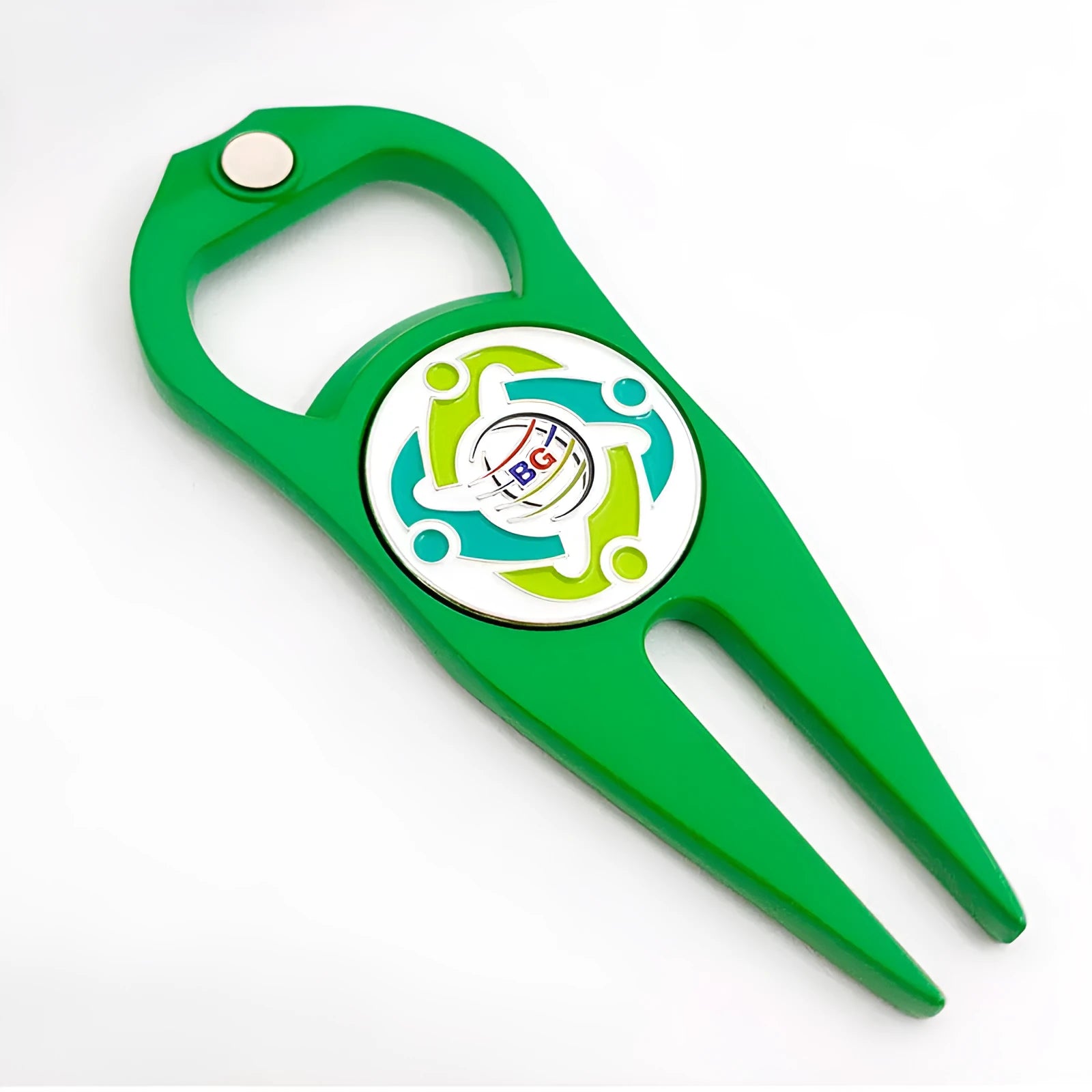Zinc alloy golf tool with ball fork, yoke, and bottle opener functions in black, green, or silver