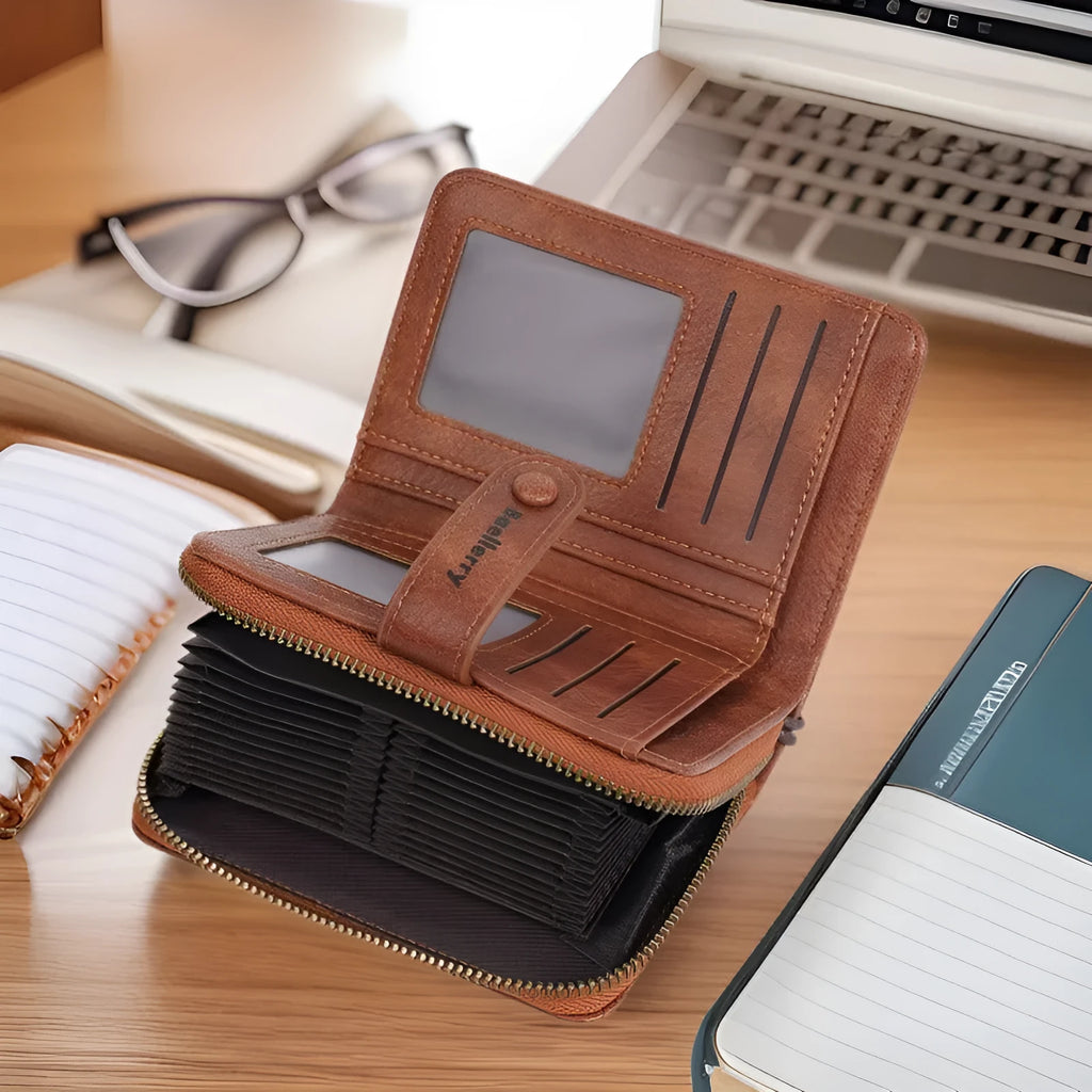 Women's black PU leather zipper coin purse with integrated card holder slots.