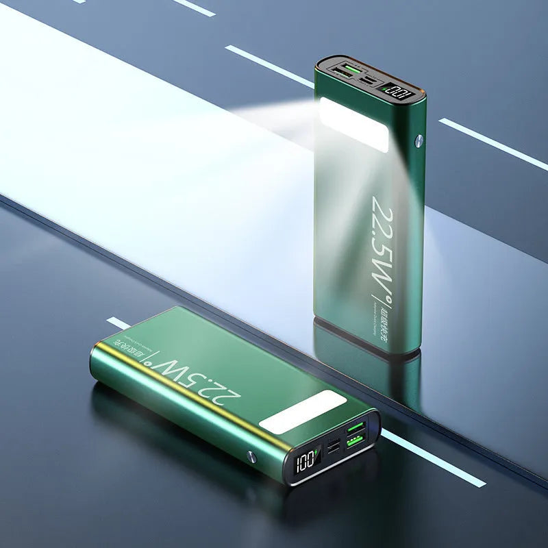 Alloy shell power bank with LCD display in black, blue, green, or red, showing 22.5W super fast charging.