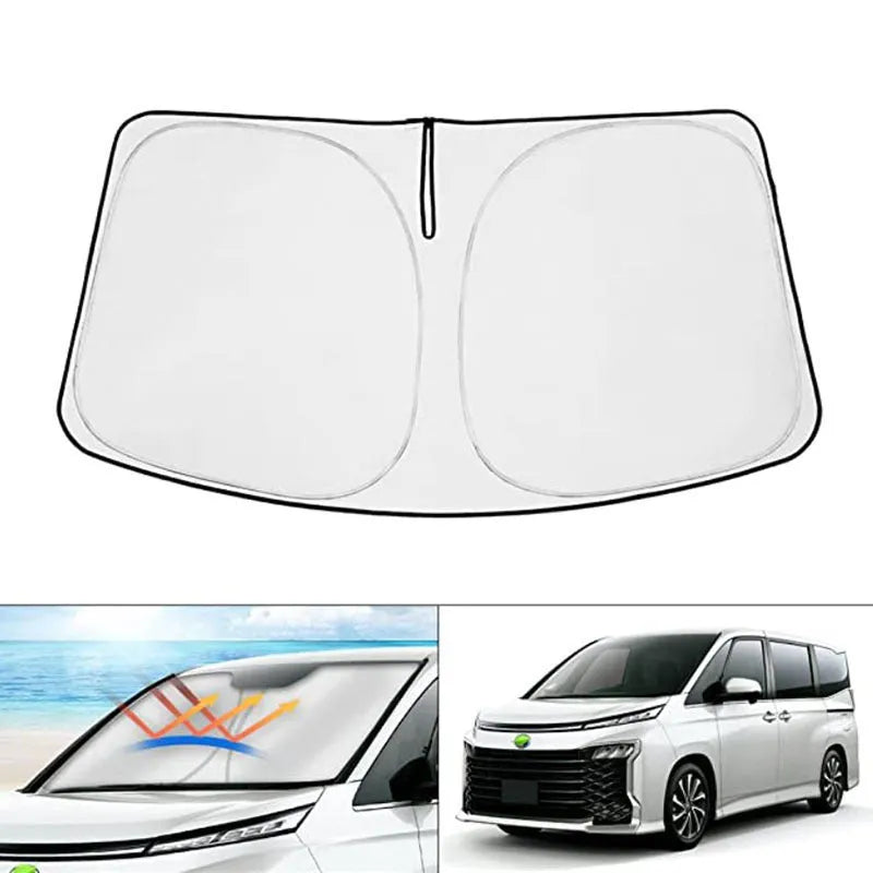 Custom silver reflective sunshade cover for Toyota Noah Voxy 90 Series front windshield.
