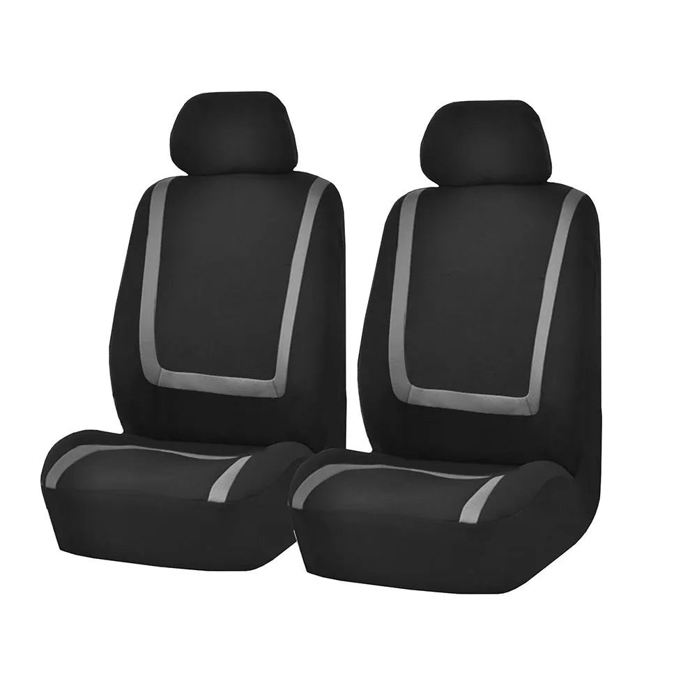Universal car seat cover set showing fabric construction with headrest and seat protection