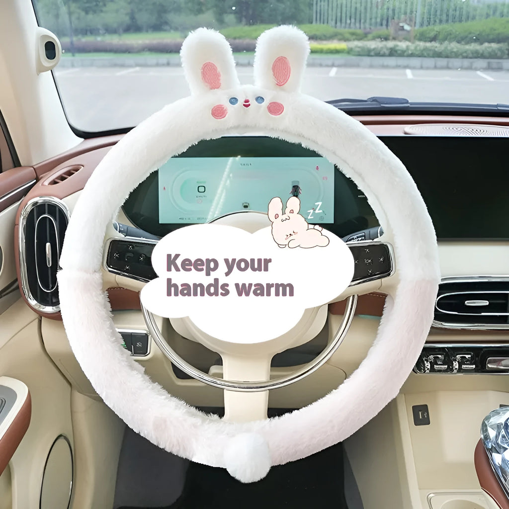 Plush winter steering wheel cover with rabbit fur embroidered cartoon designs in 38cm diameter