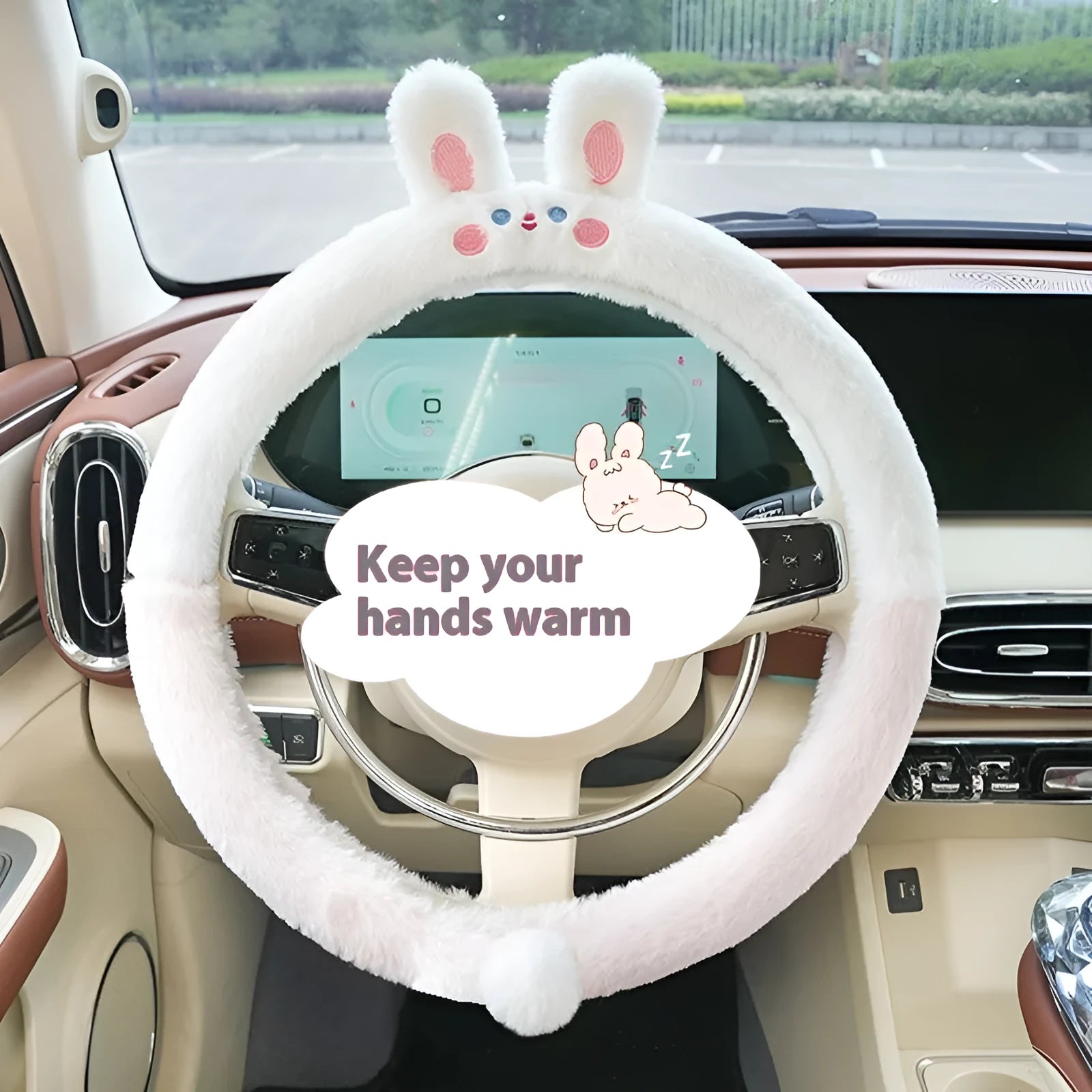 Plush winter steering wheel cover with rabbit fur embroidered cartoon designs in 38cm diameter