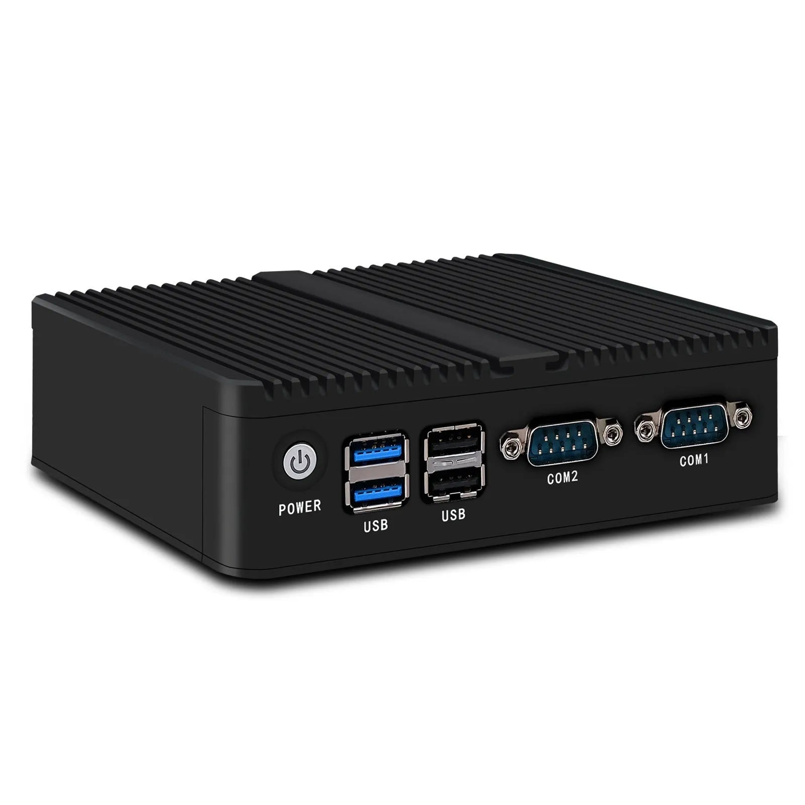 Industrial fanless mini host computer measuring 13.6x12.7x4cm with quad-core processor