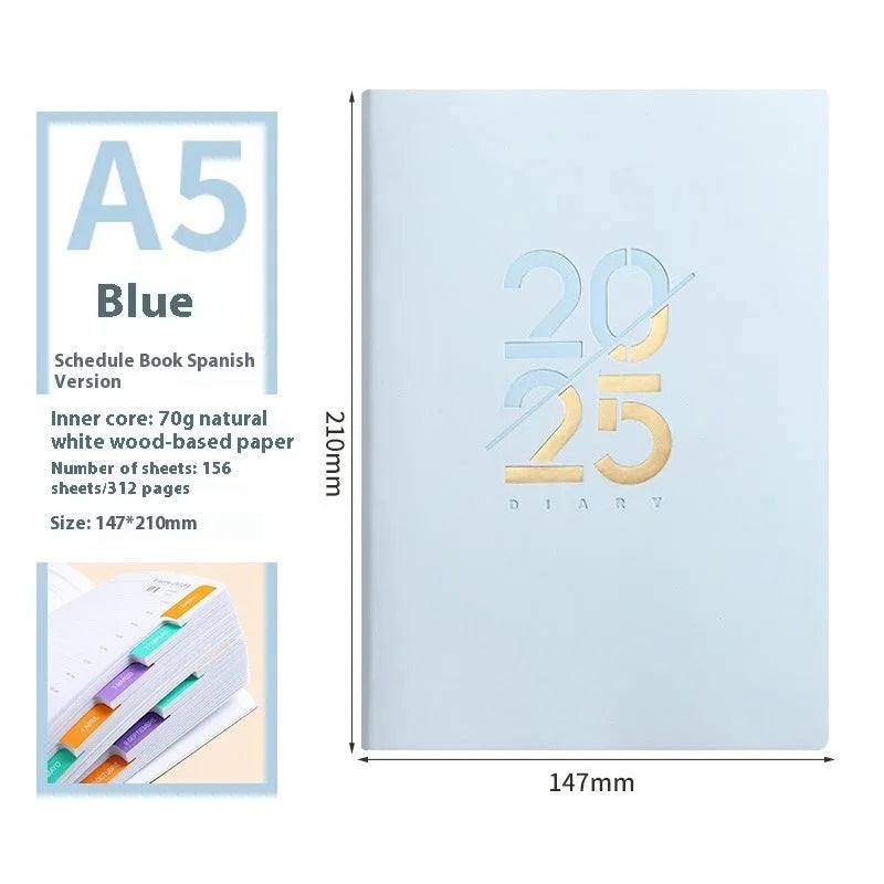 A5 soft faux leather daily schedule book open showing Dorian paper pages