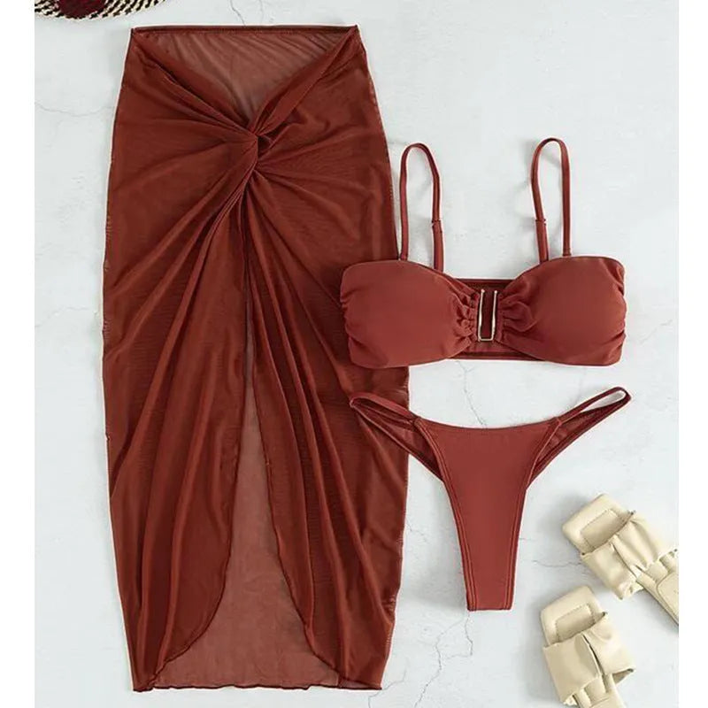 Women's French style three-piece bikini set with long culottes skirt in solid colour