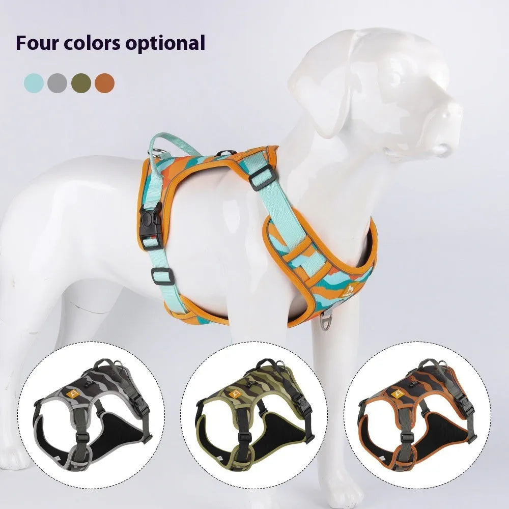Orange reflective dog harness and leash combination for commuter safety, shown with size options.