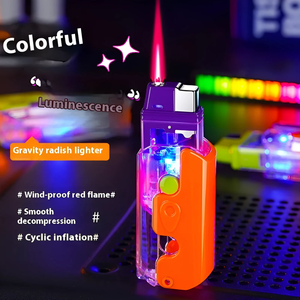 Plastic luminous radish lighter in orange purple and green colours with windproof flame capability