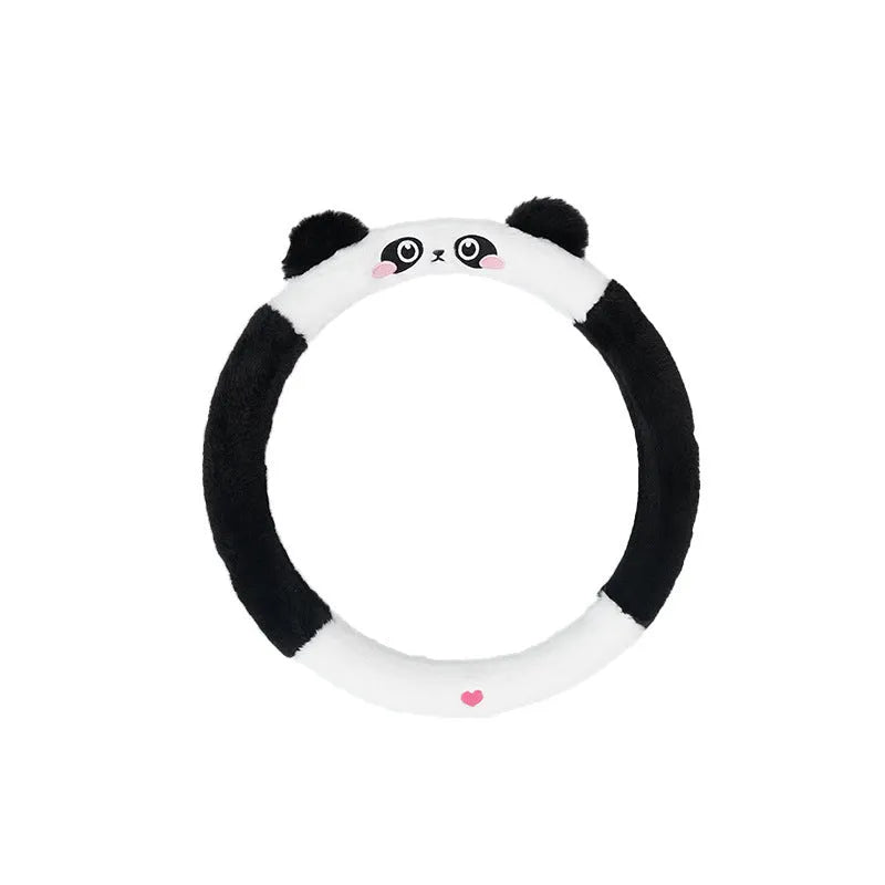 Plush winter steering wheel cover with rabbit fur embroidered cartoon designs in 38cm diameter