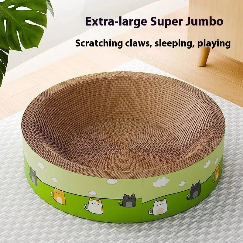 Round cat scratch board with deep circular pits made from corrugated paper