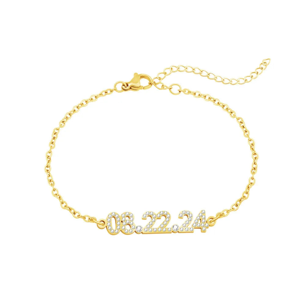 Stainless steel digital bracelet with diamond-set numbers in gold, rose gold, or steel colour.