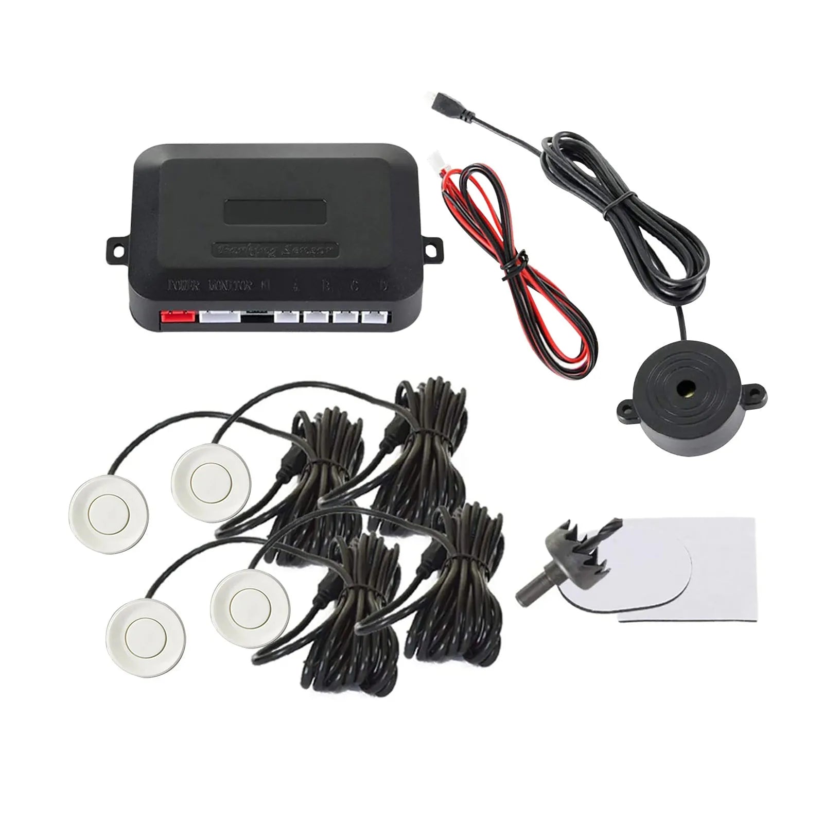 4-probe car reversing radar kit with sensors, command module, and installation tools