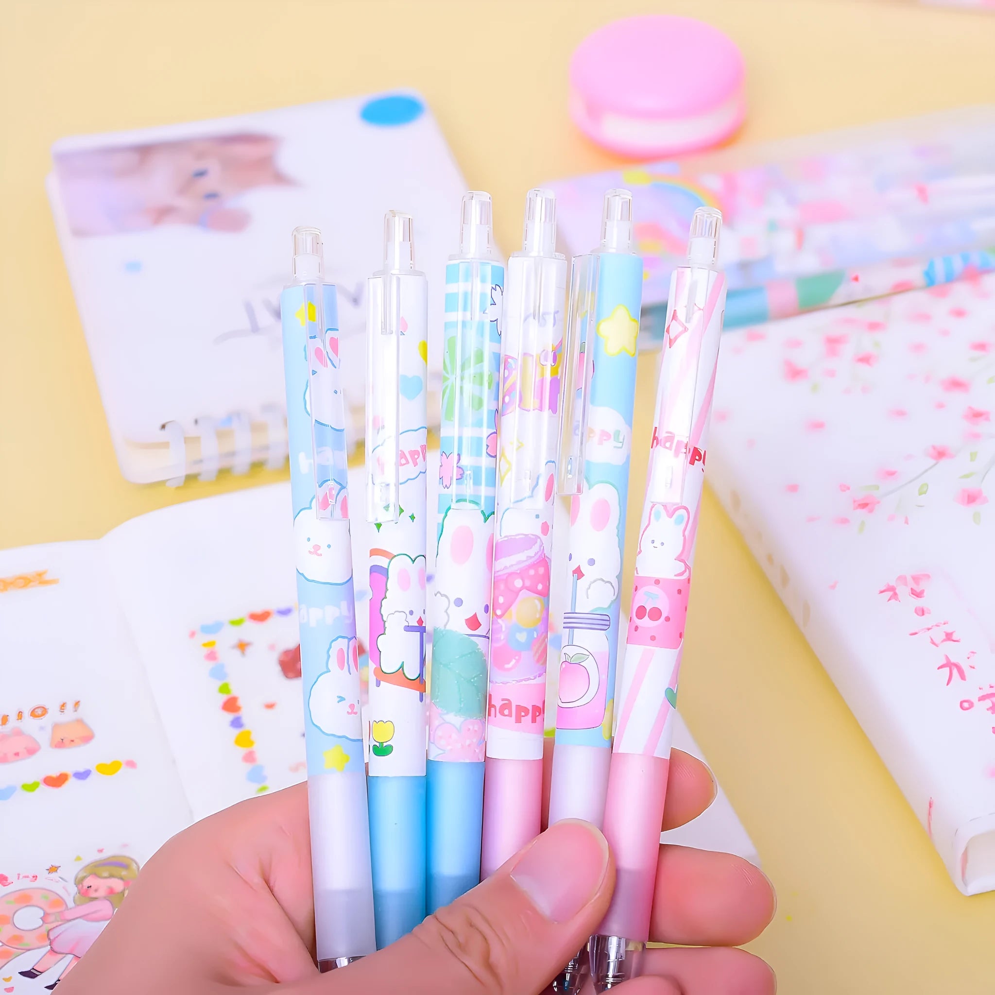 Six cartoon bunny design ballpoint pens with 0.5mm points and black ink