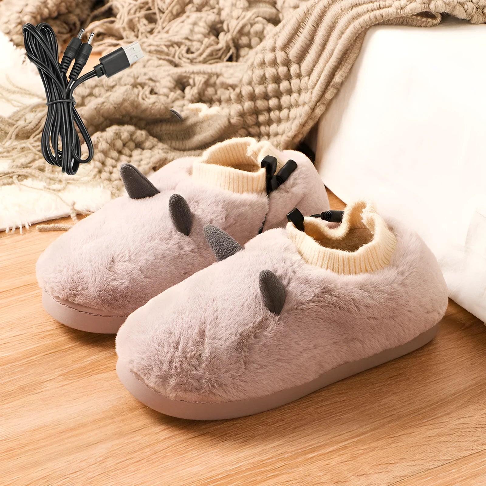 Plush velvet USB heating slippers with a USB cable and power converter, shown in taro purple colour.