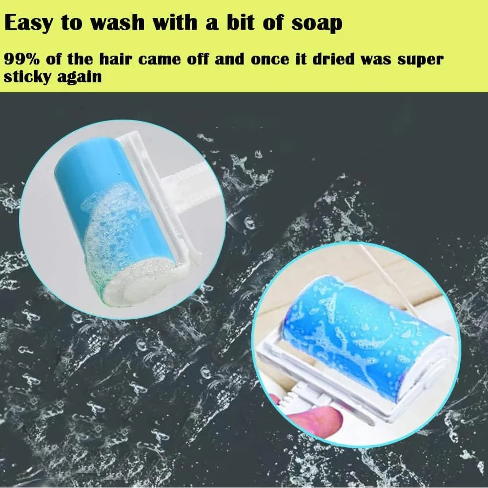 Reusable lint roller with cover in blue, green, pink, and yellow colours for removing pet hair from clothes and sofas