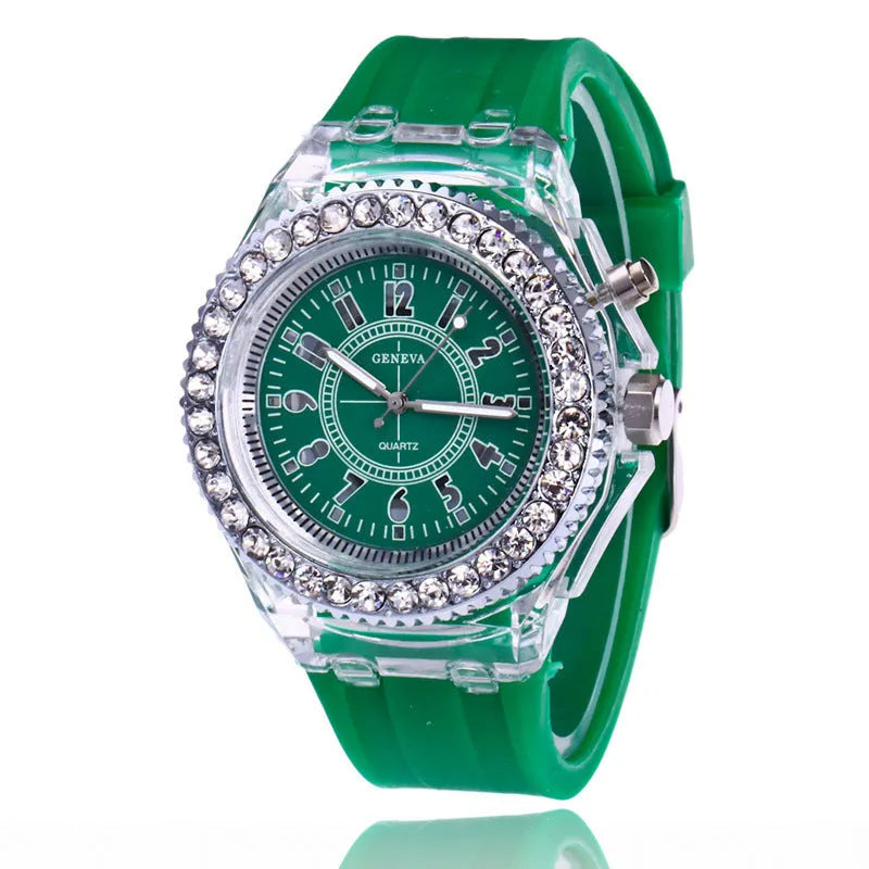 Women's LED luminous quartz watch with round 43mm alloy case and colourful silicone strap options.