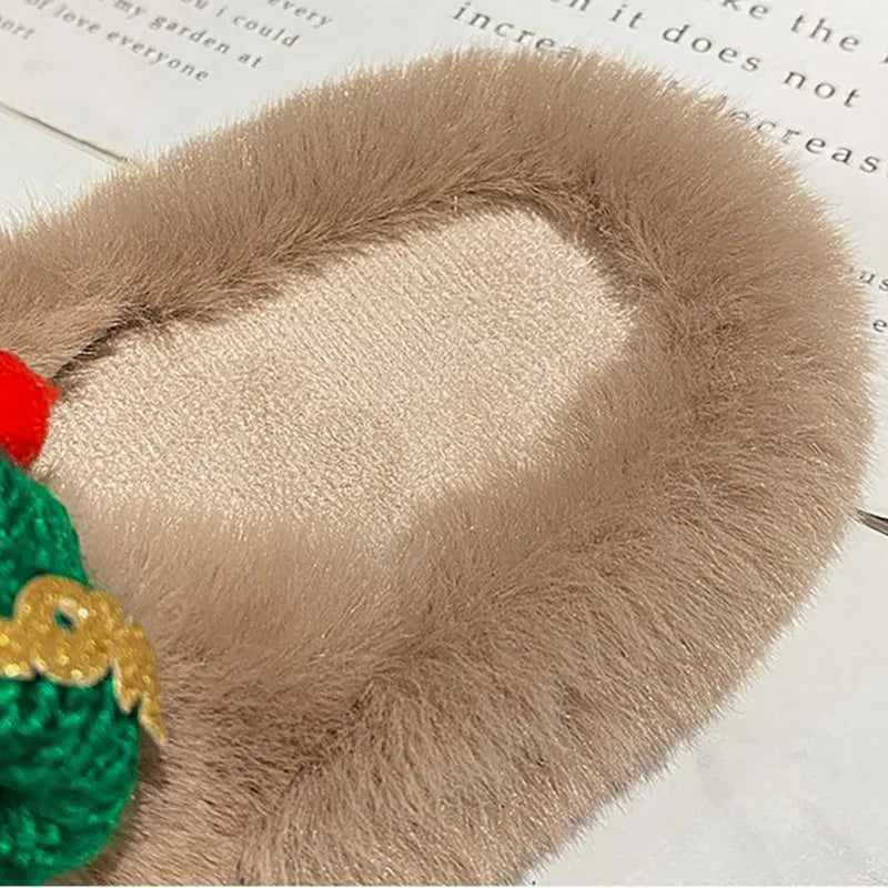 Adult Christmas hat decoration slippers in faux plush with rubber sole.