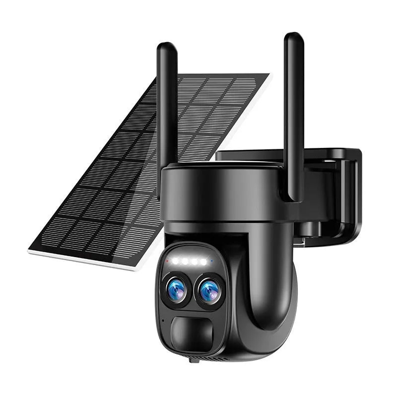 Solar-powered outdoor security camera with 8x zoom lens and dual 4G/Wi-Fi connectivity options