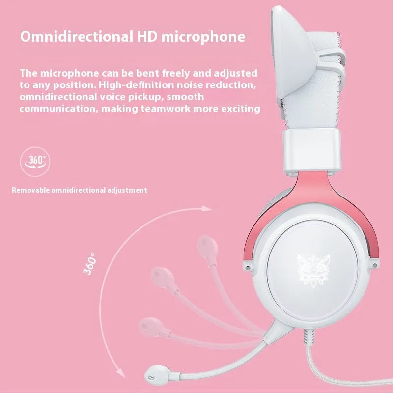 White wired gaming headset with pink cat ears, 3.5mm plug, and braided cable