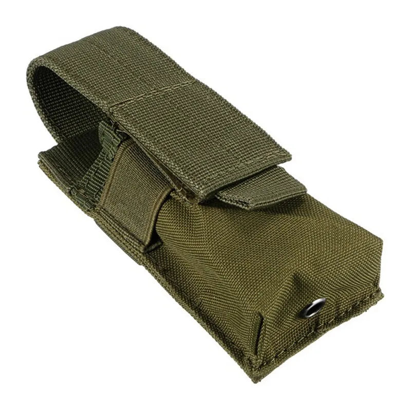 Black tactical MOLLE pistol magazine pouch with elastic cord closure, shown on a vest.