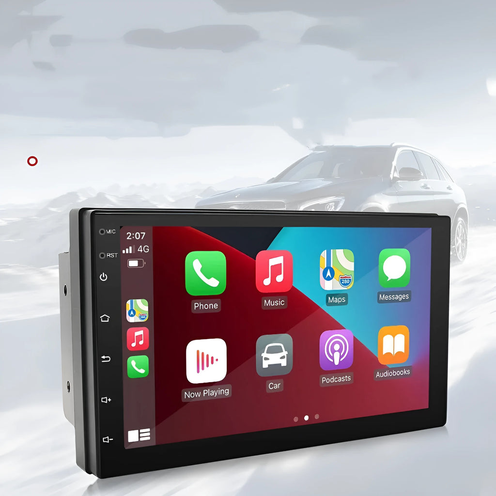 Black universal CarPlay navigation MP5 player with 7-inch screen showing GPS interface
