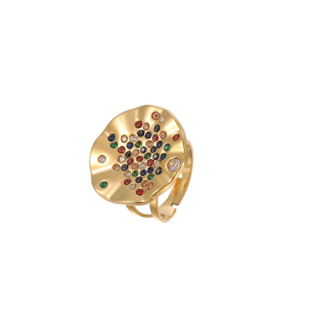 Pleated titanium steel ring with inlaid colour crystals, showing geometry design and adjustable open mouth