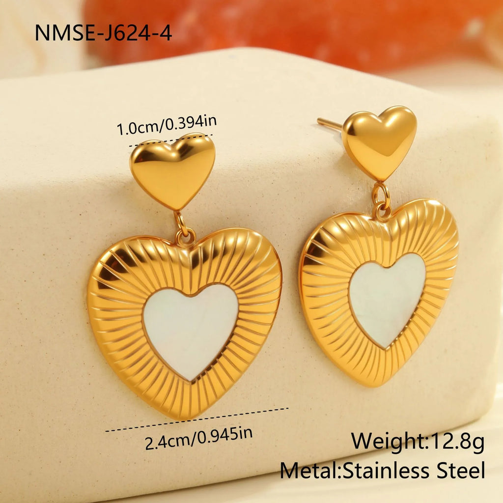 Heart-shaped stainless steel women's earrings with gold electroplated finish and love motifs