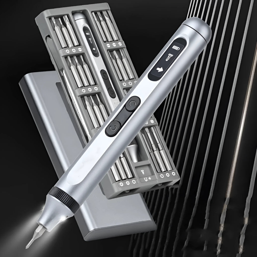 Aluminium alloy precision electric screwdriver showing compact design and charging port.