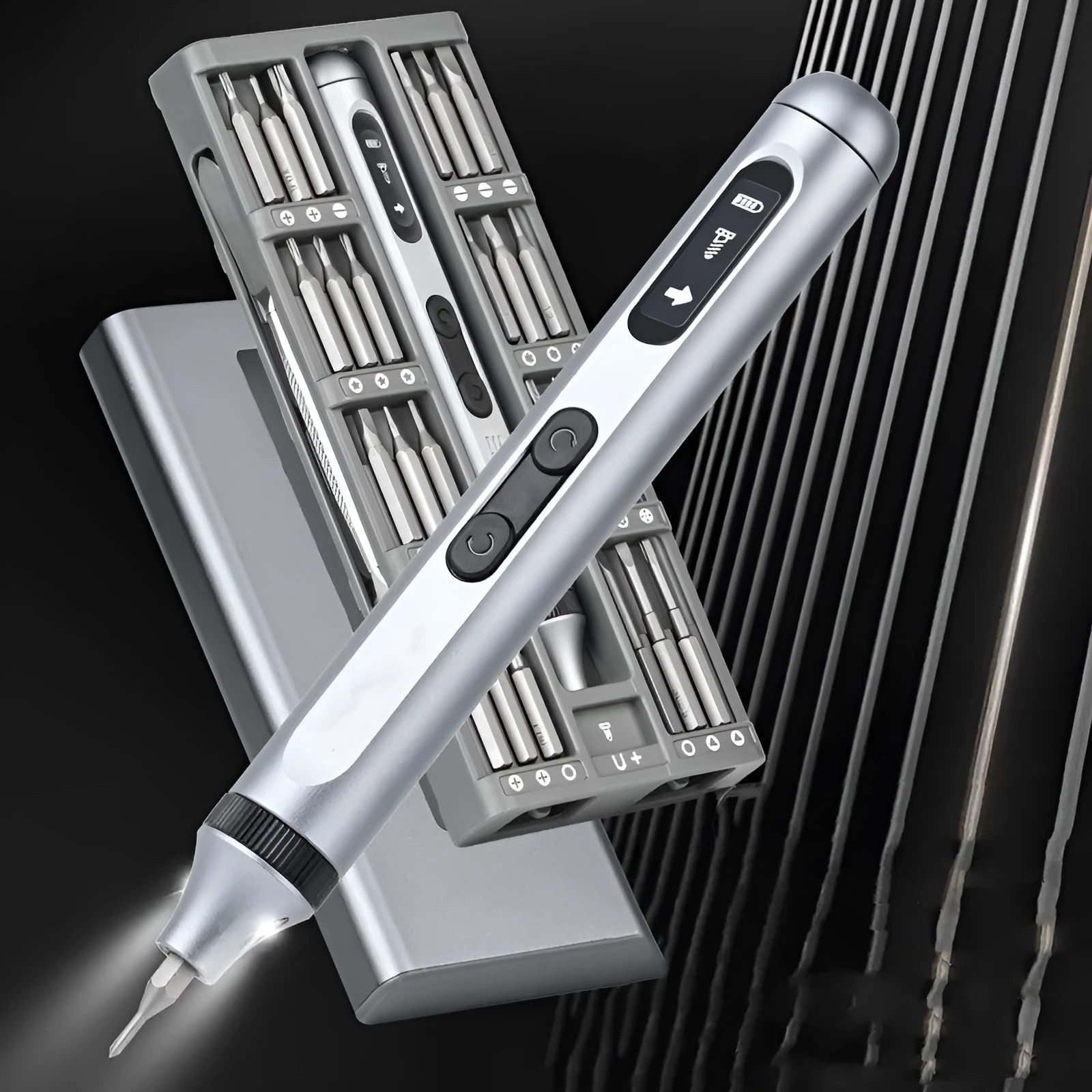 Aluminium alloy precision electric screwdriver showing compact design and charging port.