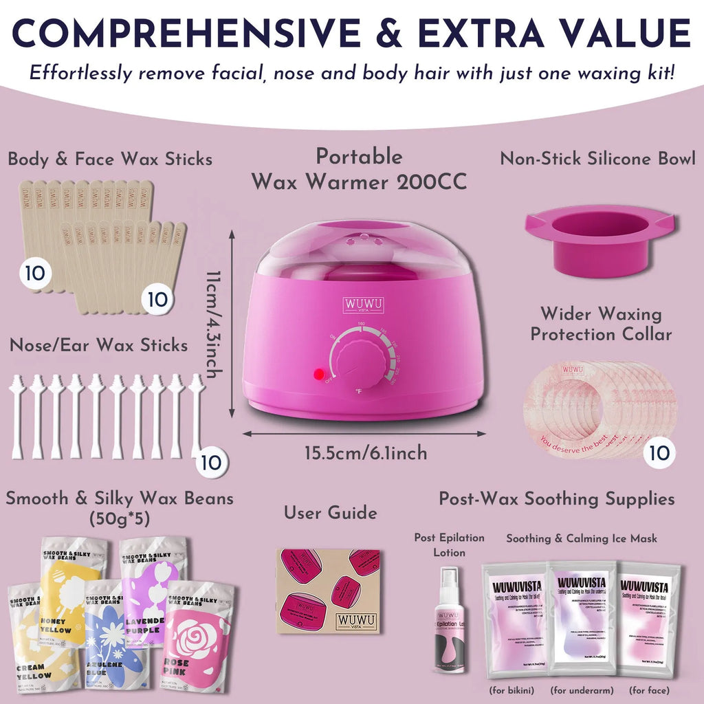 Professional waxing kit with black wax warmer, pots of hard wax beans, applicator sticks and post-care products on a pink background.