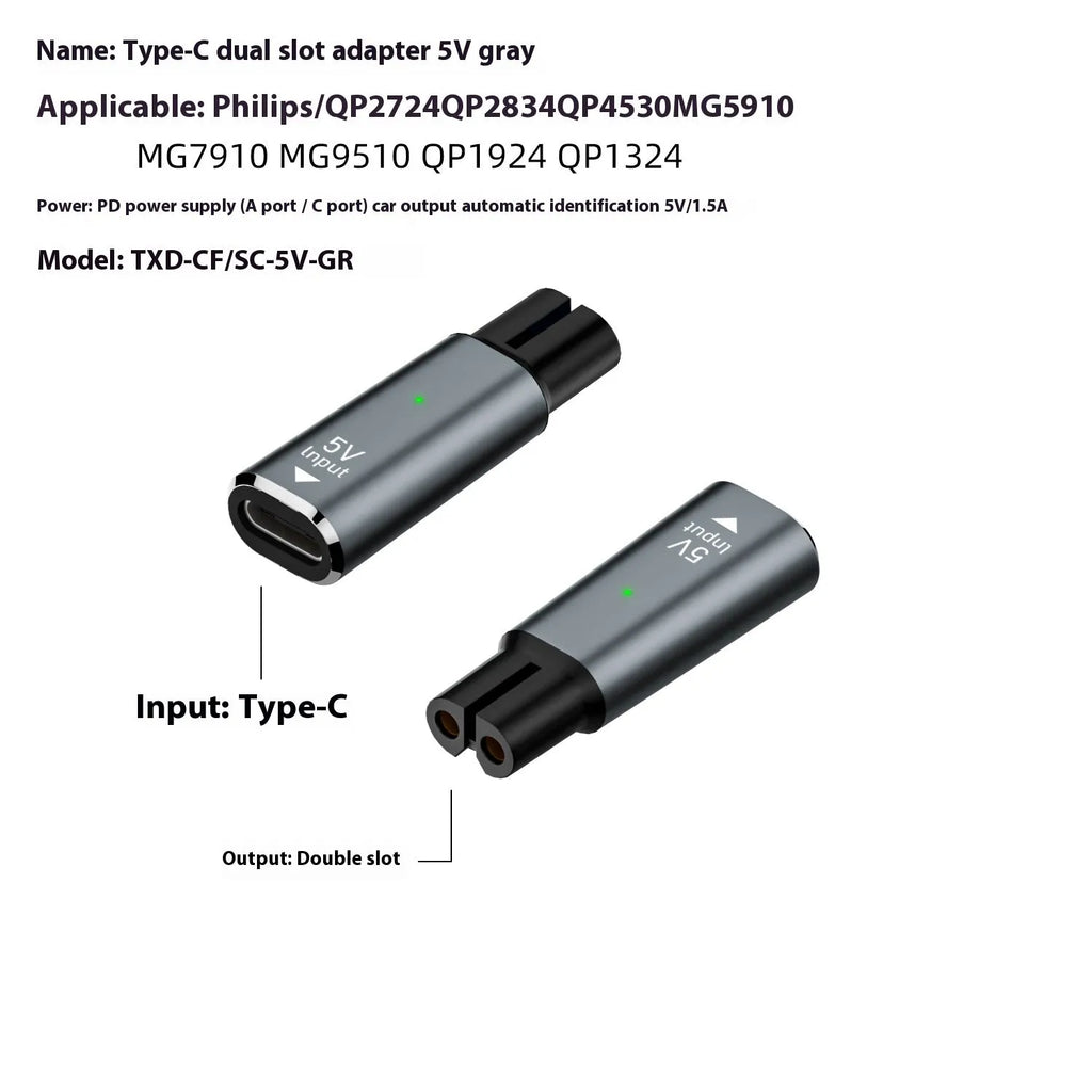 Black USB C charging adapter for electric shavers with aluminium alloy construction and 4.3V output