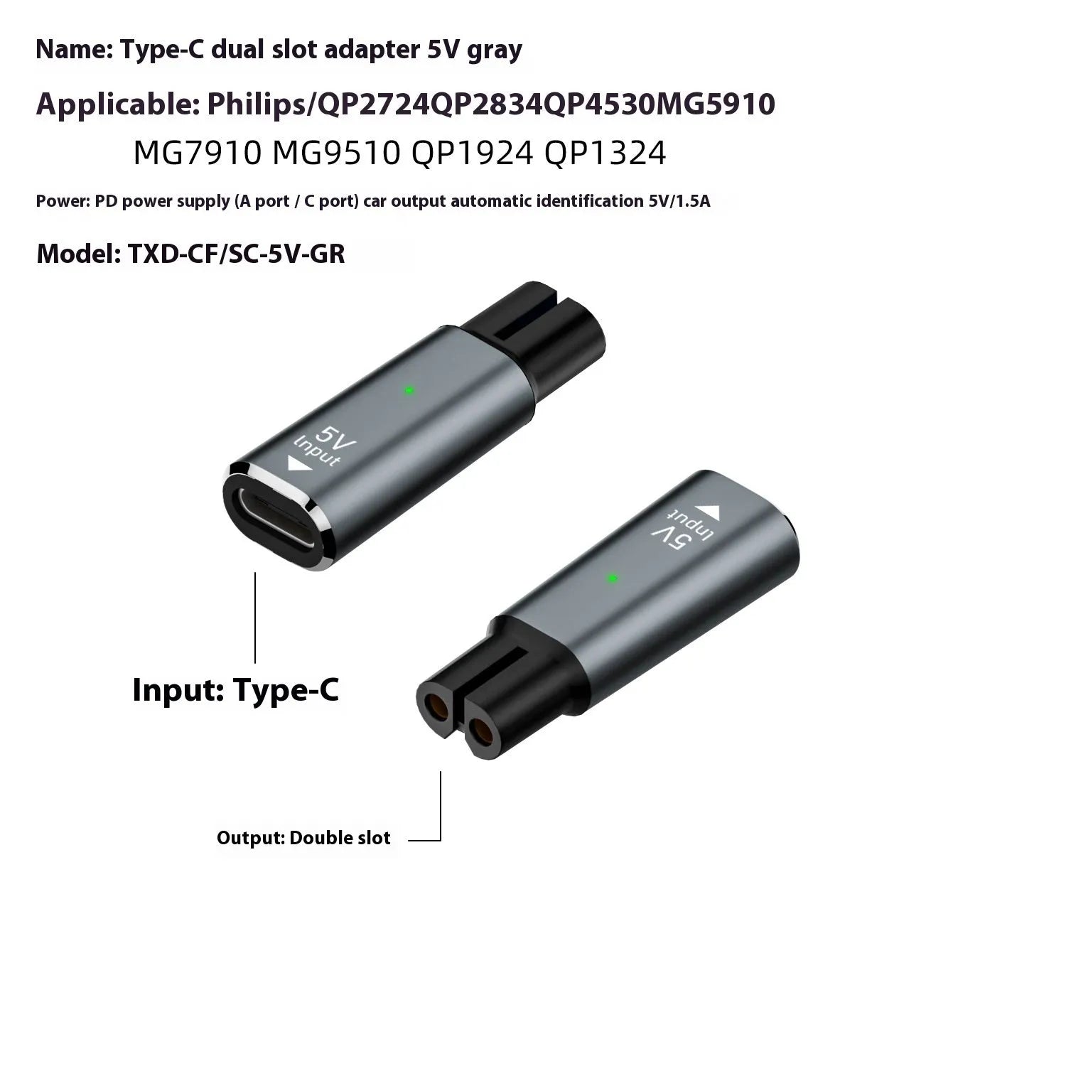 Black USB C charging adapter for electric shavers with aluminium alloy construction and 4.3V output