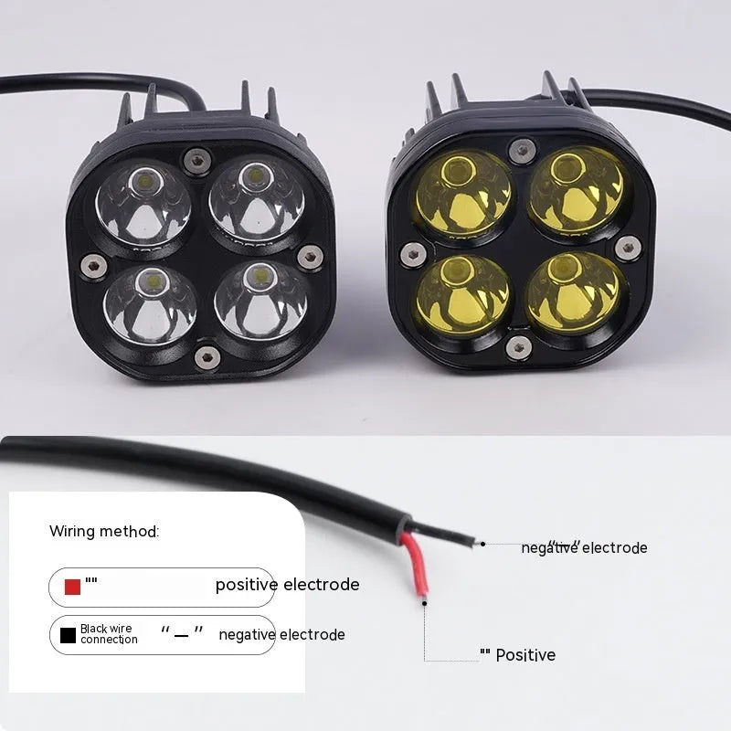 Four-eye vehicle headlight modification kit with aluminium base plate showing white and yellow light options