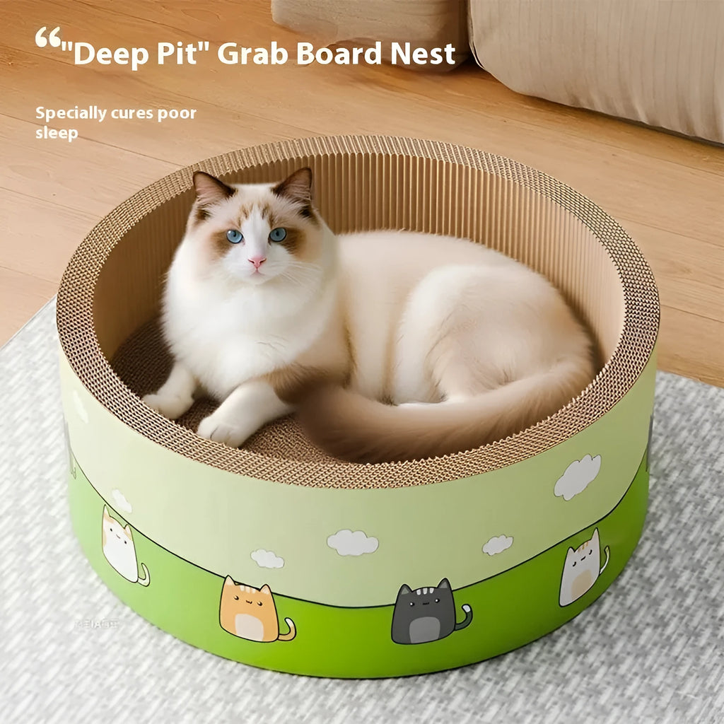 Round cat scratch board with deep circular pits made from corrugated paper