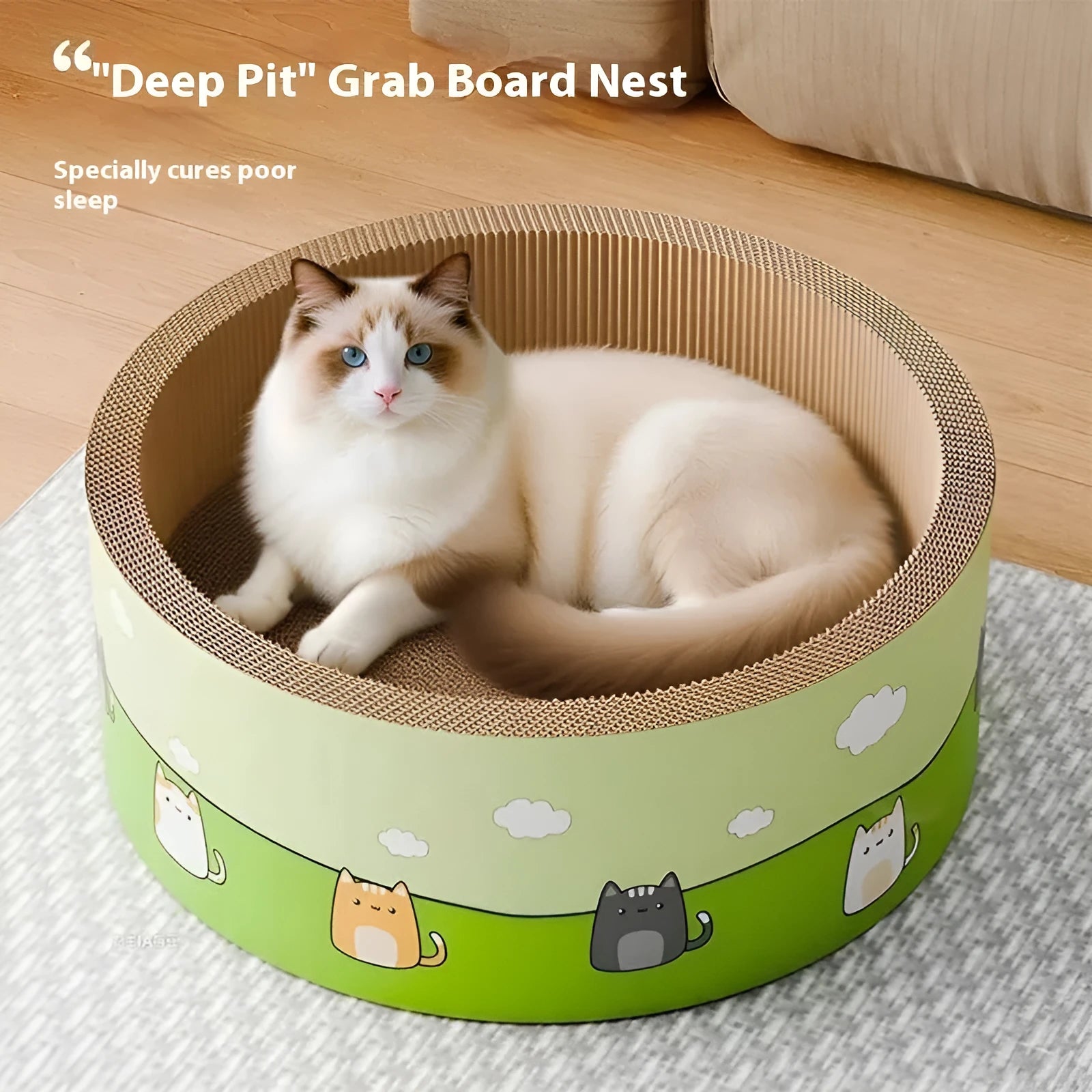 Round cat scratch board with deep circular pits made from corrugated paper