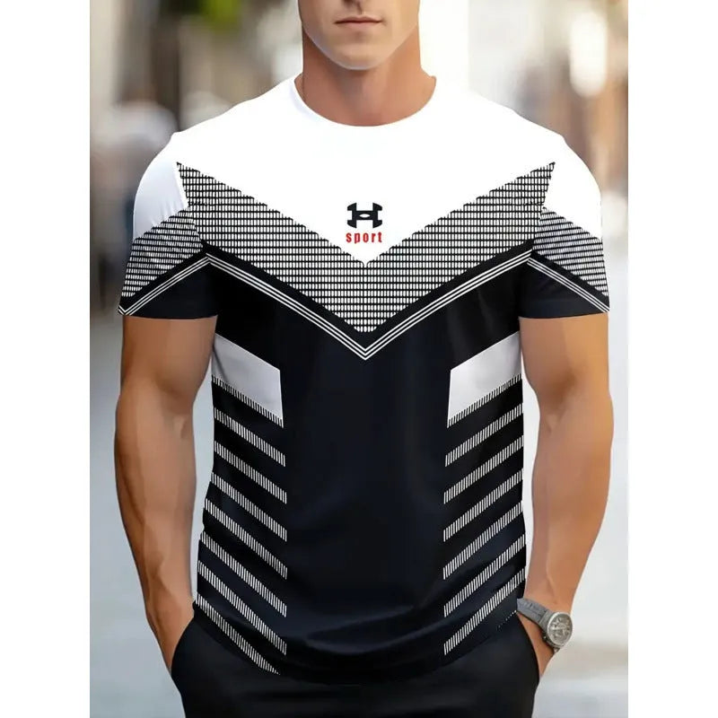 Men's loose fit short-sleeved t-shirt with digital 3D striped printing in casual style