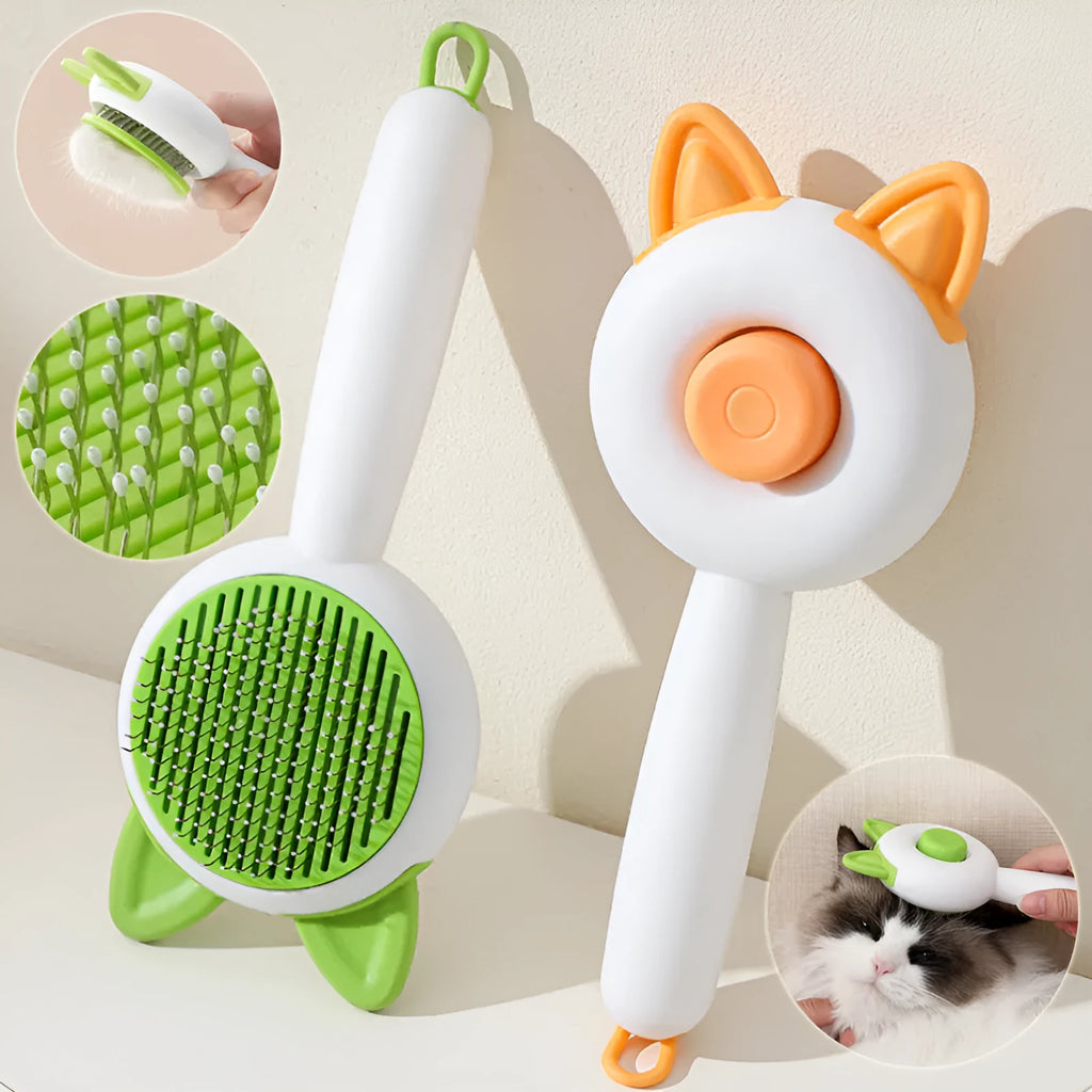 Self-cleaning cat grooming comb with stainless steel bristles in greenish white and orange white colour options