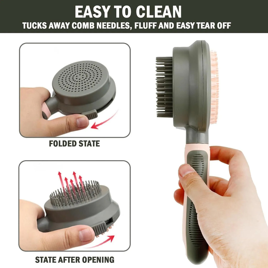 Double-sided cat brush with release button and flea comb in green and pink colour options