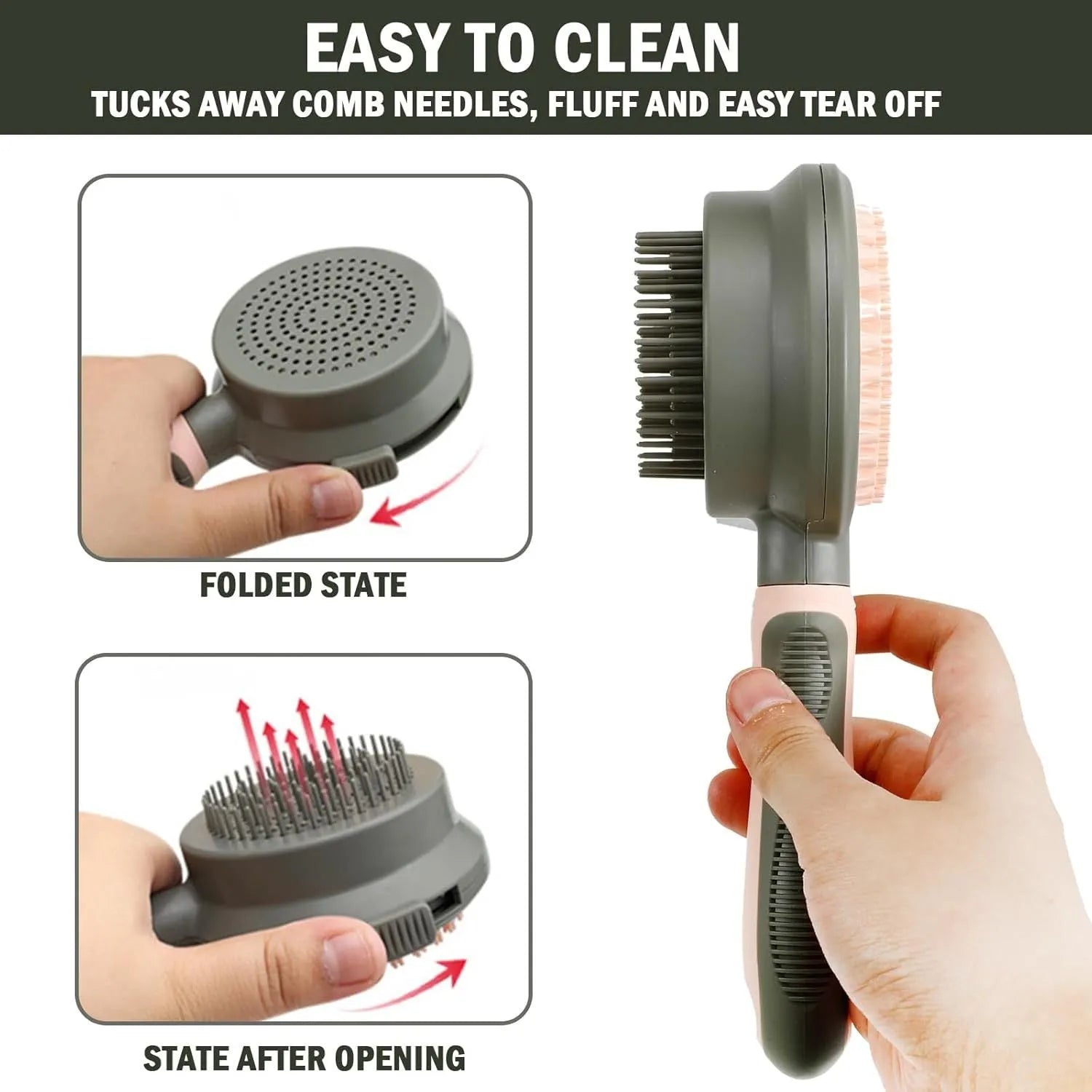 Double-sided cat brush with release button and flea comb in green and pink colour options