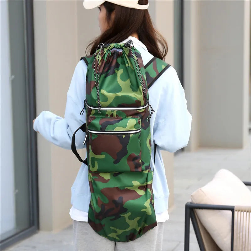 Waterproof nylon skateboard backpack with 20-35L capacity shown in camouflage colour option